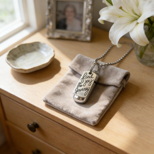 Cremation Urn Necklace "Find Joy in the Journey"  w/Velvet Pouch & Fill Kit