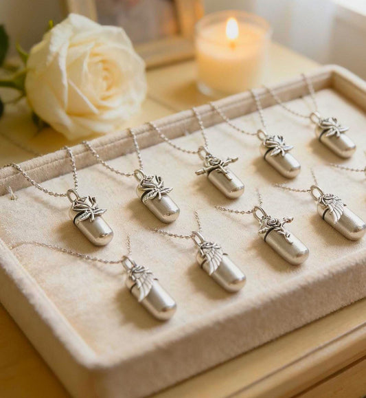 NINE URN NECKLACES (3 Silver-Rose, 3 Rose-Cross, 3 Rose-Wing) Memorial Keepsakes