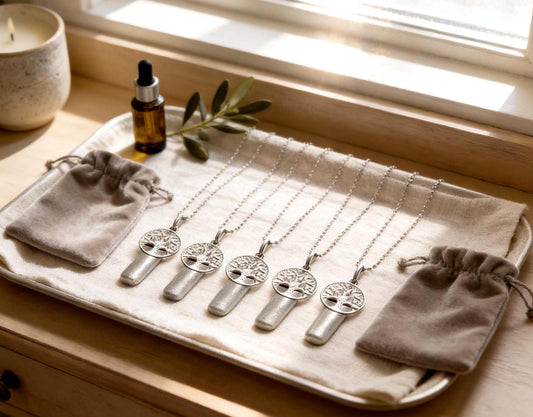 FIVE Brushed Silver "Tree Of Life" ANOINTING OIL Holders with 5 Pouches, 5 Necklaces - Custom Engraving Available!