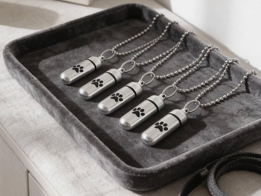 FIVE Cremation Urn Necklaces with  Simple Engraved Paws - Memorial Jewelry