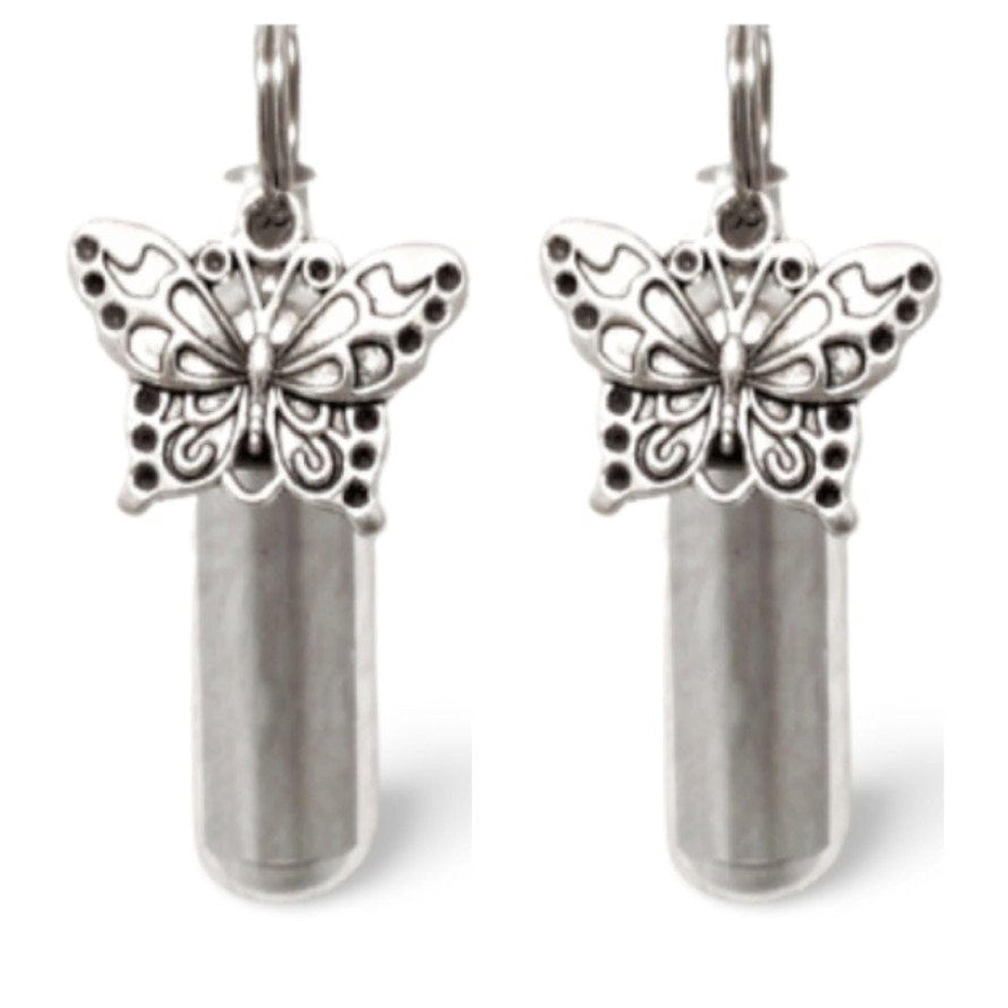 TWO Silver Cremation Urn Keepsakes with Large Butterfly - Memorial Jewelry, Personalized Urn
