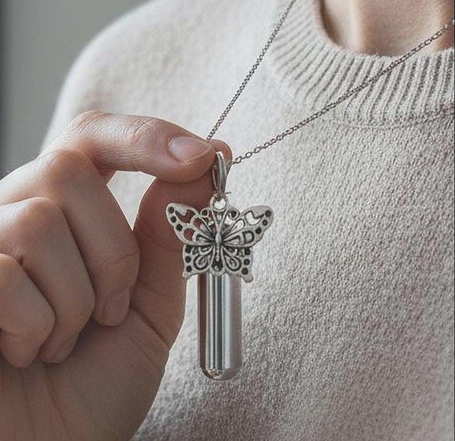 TWO Silver Cremation Urn Keepsakes with Large Butterfly - Memorial Jewelry, Personalized Urn