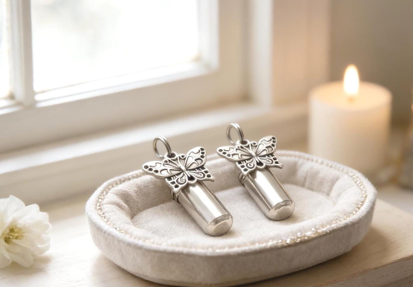TWO Silver Cremation Urn Keepsakes with Large Butterfly - Memorial Jewelry, Personalized Urn