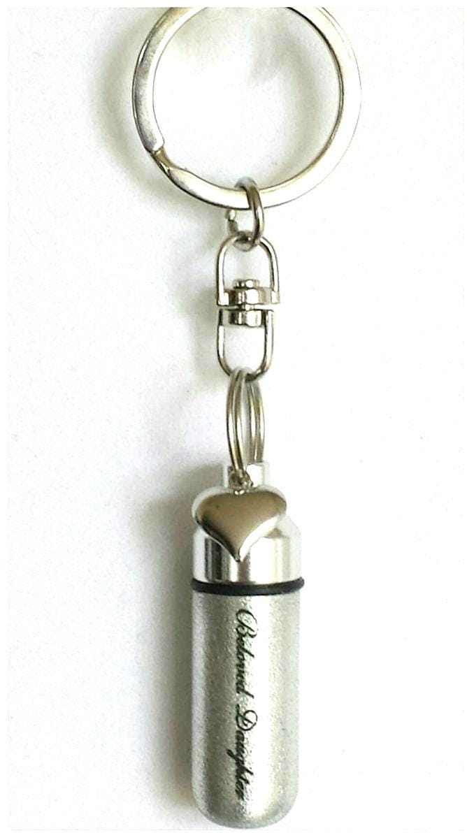 Cremation Urn Swivel Keychain, Engraved "Beloved Daughter" with Heart Charm