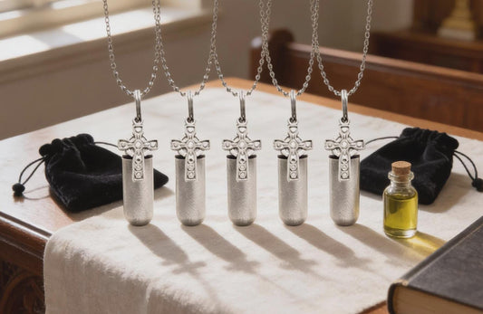 FIVE Brushed Celtic Cross Anointing Oil Holders with 5 Pouches & Necklaces