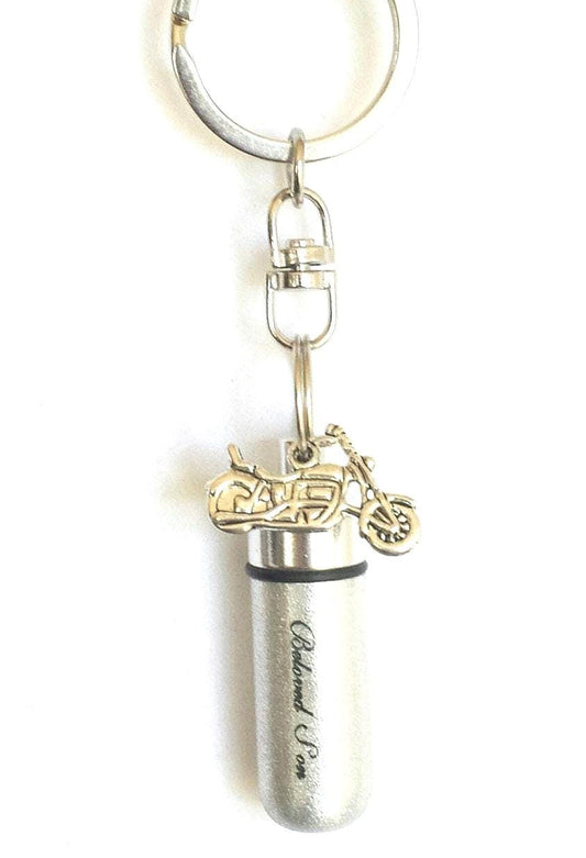 Engraved "Beloved Son" Motorcycle Cremation Urn on Steel Swivel Chain