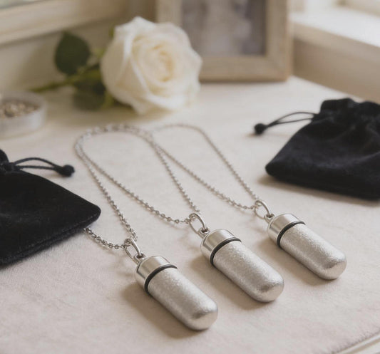 Three Cremation Urn Necklaces - Brushed Silver with Velvet Pouches