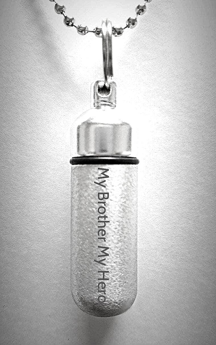 ENGRAVED "My Brother My Hero" Brushed Silver Cremation Urn Necklace w/Velvet Pouch & Fill Kit