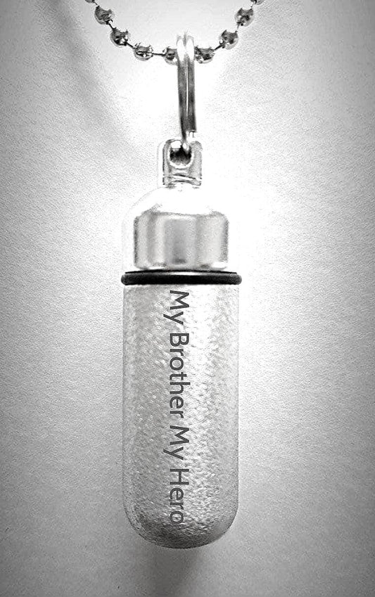 ENGRAVED "My Brother My Hero" Brushed Silver Cremation Urn Necklace w/Velvet Pouch & Fill Kit