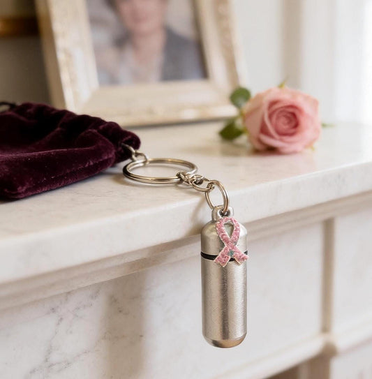Brushed Silver Breast Cancer  Cremation Urn on  Steel Swivel Keyring w/Velvet Pouch