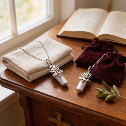 TWO Brushed Silver Anointing Oil Holders with Silver Roses, Velvet Pouches, Ball-Chain Necklaces