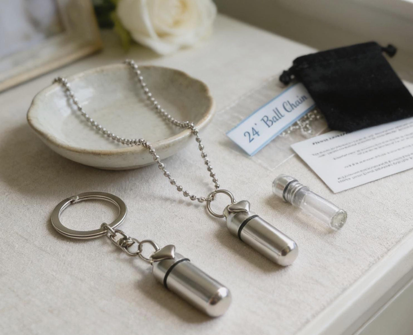Puffed Heart - 2pc. Special Set - Cremation Urn Necklace & Keychain Urn with Velvet Pouch