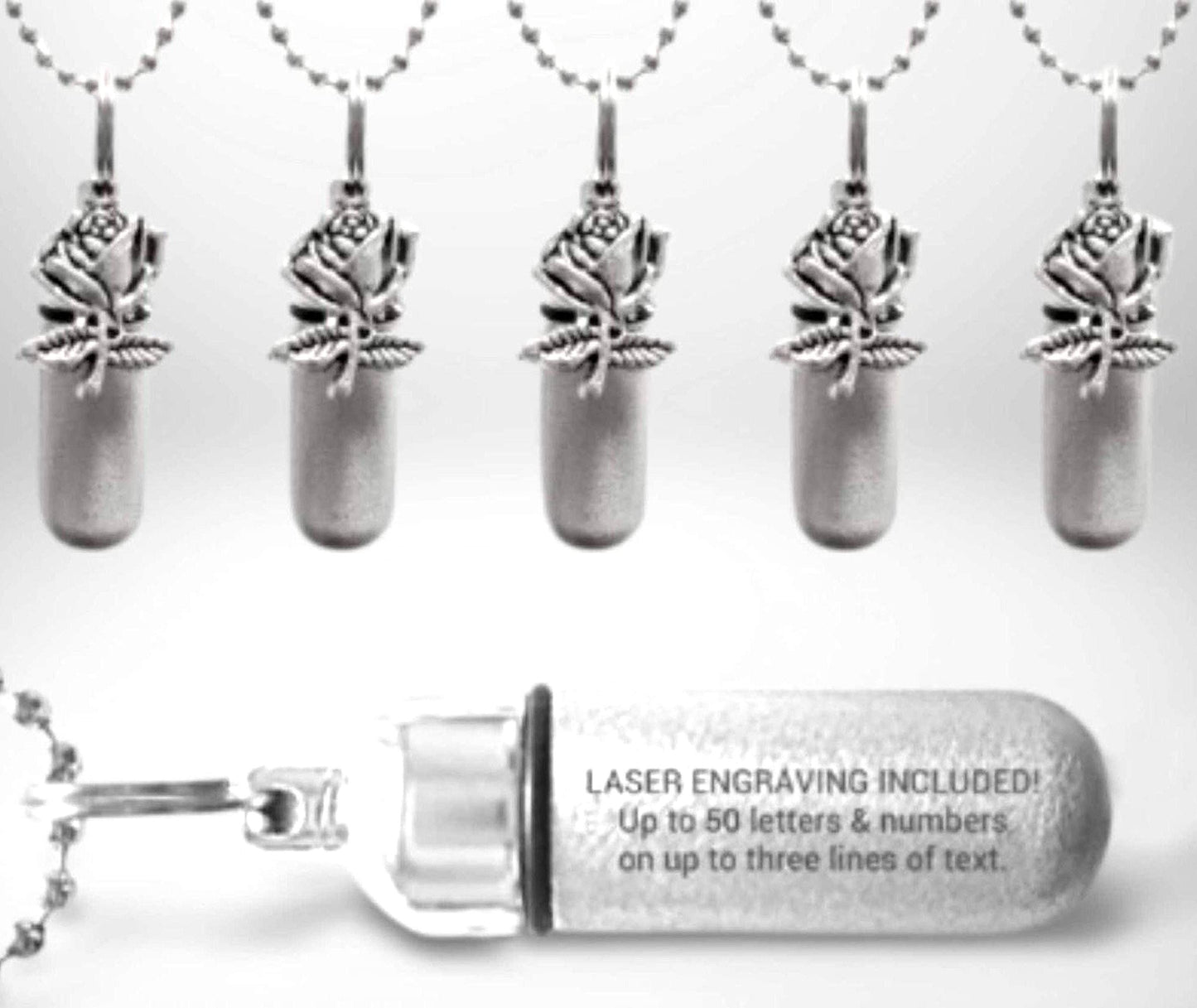 CUSTOM ENGRAVED Set of FIVE Brushed Silver Rose Cremation Urn Necklaces, Memorial Jewelry