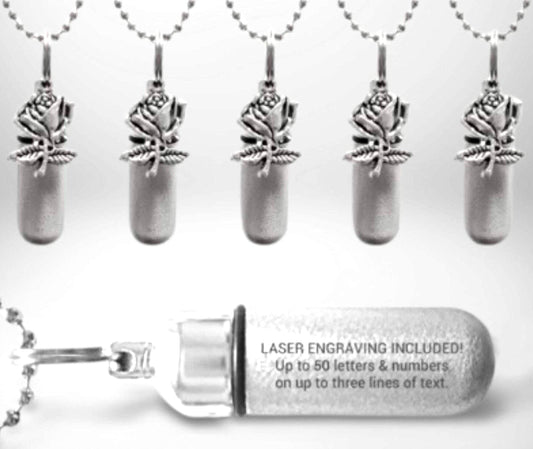 CUSTOM ENGRAVED Set of FIVE Brushed Silver Rose Cremation Urn Necklaces, Memorial Jewelry