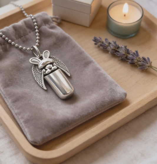 Cremation Urn with Bunny Rabbit Angel Pendant on 24" Ball Chain Necklace