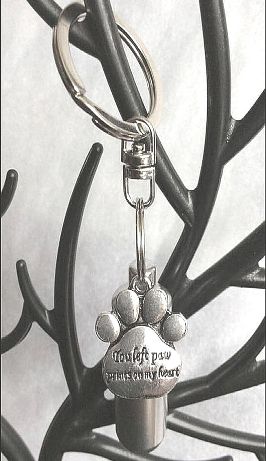 CREMATION URN KEEPSAKE "You left paw prints on my heart" on Stainless Steel Swivel Key Ring