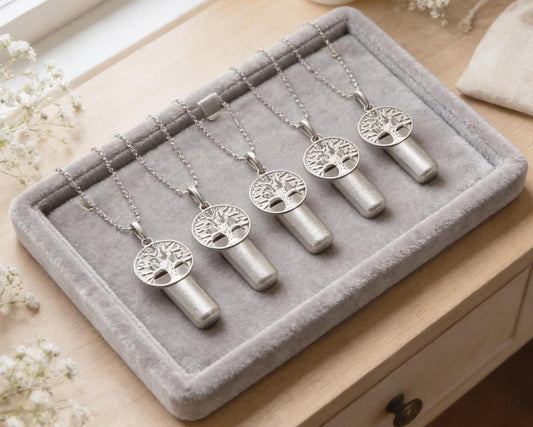 FIVE Brushed Silver Tree Of Life Cremation Urn Necklace, Memorial Jewelry, Custom Engraving Included!