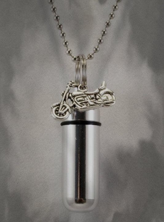 Polished Silver Motorcycle  CREMATION URN Necklace on 24" Ball Chain - Includes Velvet Pouch and Fill Kit - Loss of Loved One
