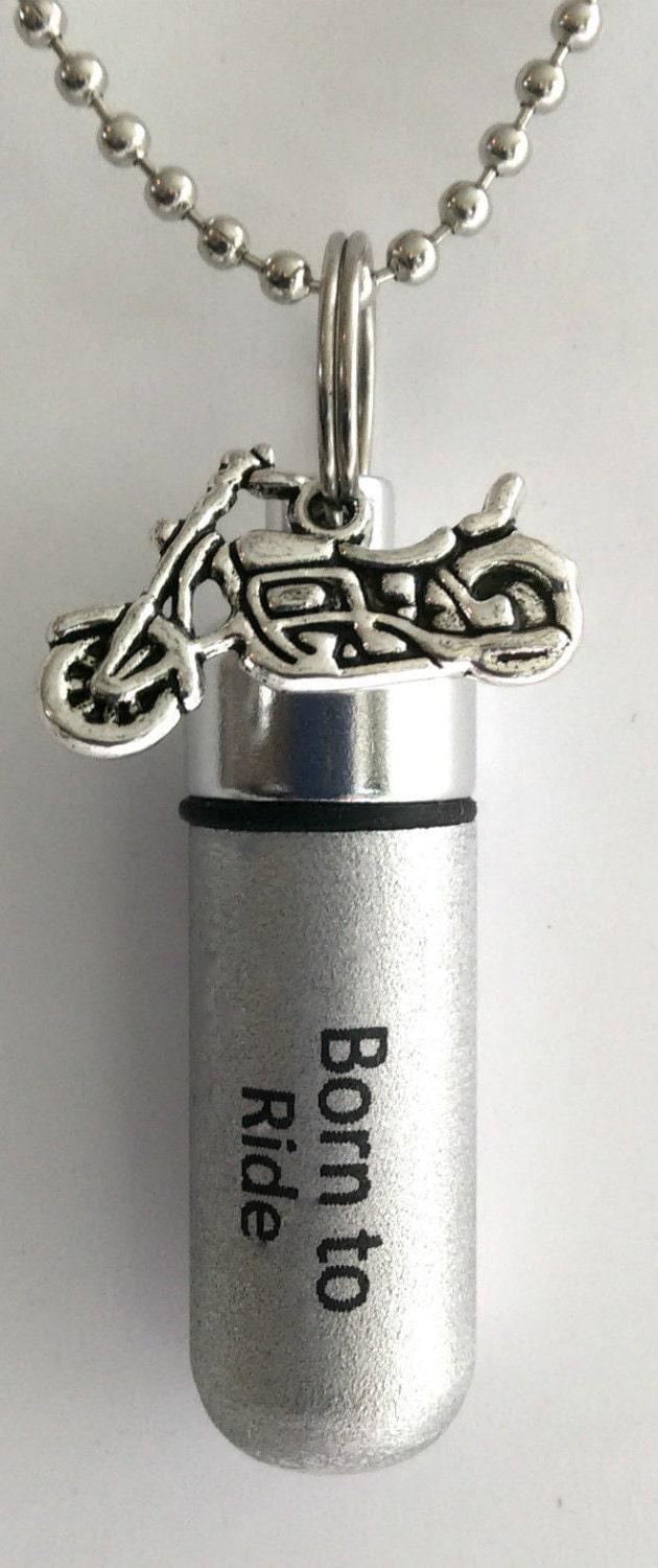 FIVE Engraved Silver Cremation Urn Necklaces "Born To Ride" with Motorcycle - Memorial Jewelry