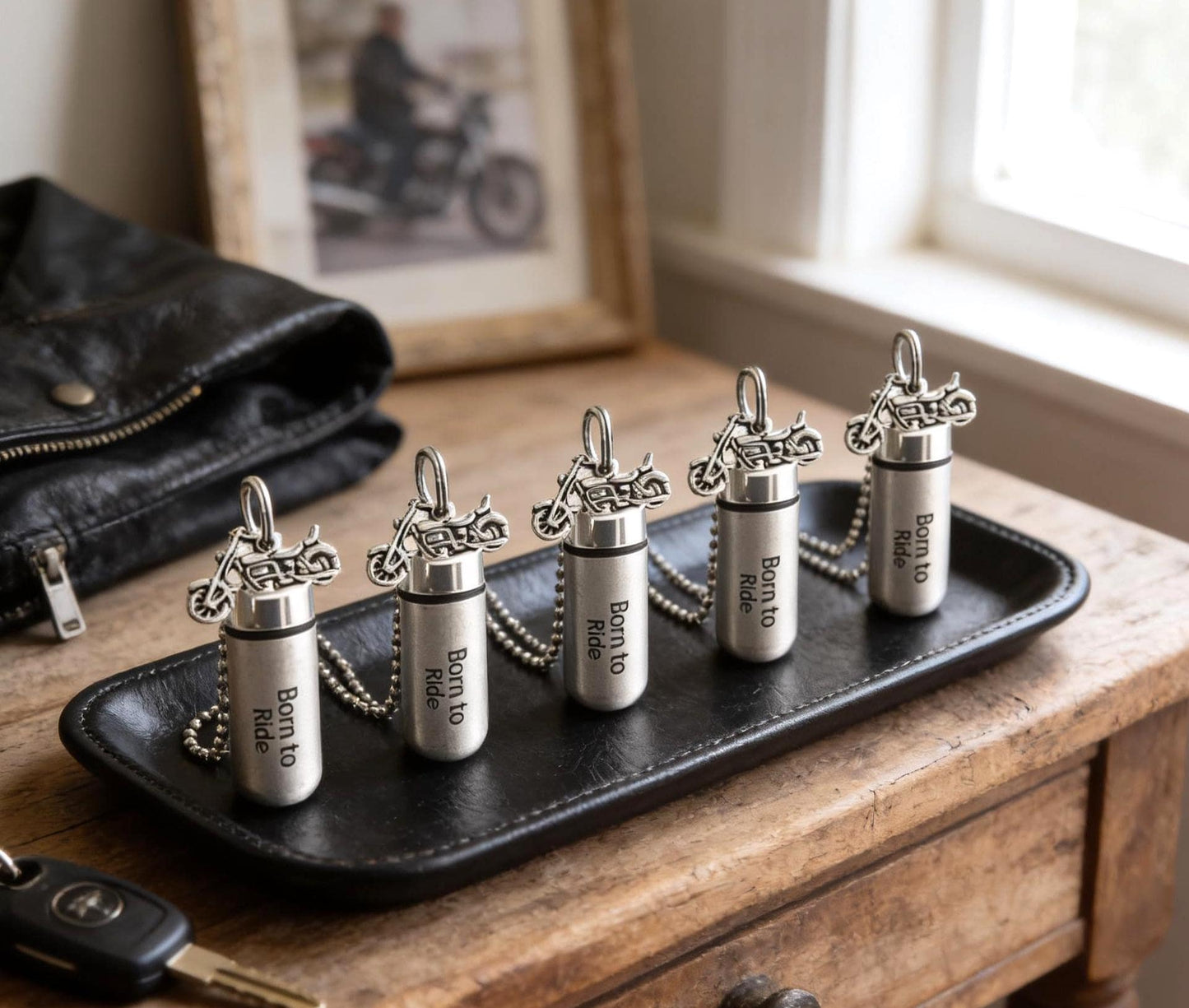 FIVE Engraved Silver Cremation Urn Necklaces "Born To Ride" with Motorcycle - Memorial Jewelry