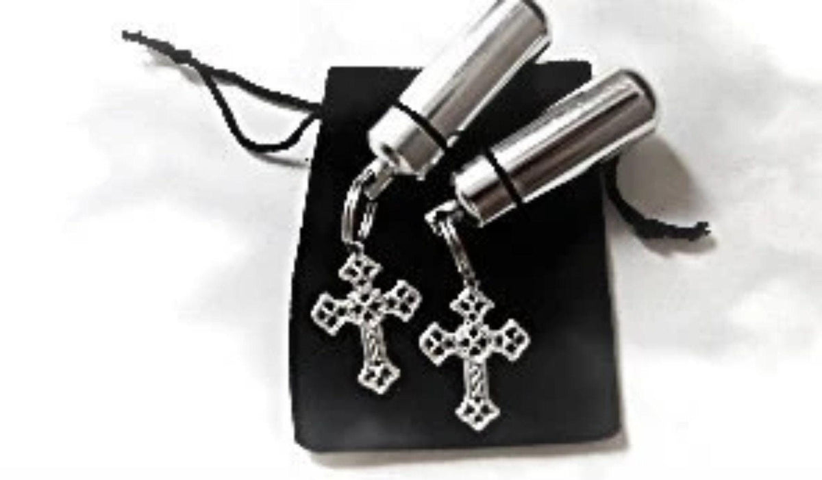 TWO Silver Cross CREMATION URN Necklaces with engraved "Love Hearts", CUstom Engraving Available!