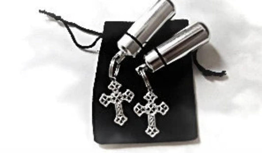 TWO Silver Cross CREMATION URN Necklaces with engraved "Love Hearts", CUstom Engraving Available!