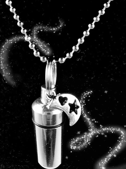 Silver CREMATION URN on 24" Necklace with Cutout Moon Pendant - Custom Engraving Available!