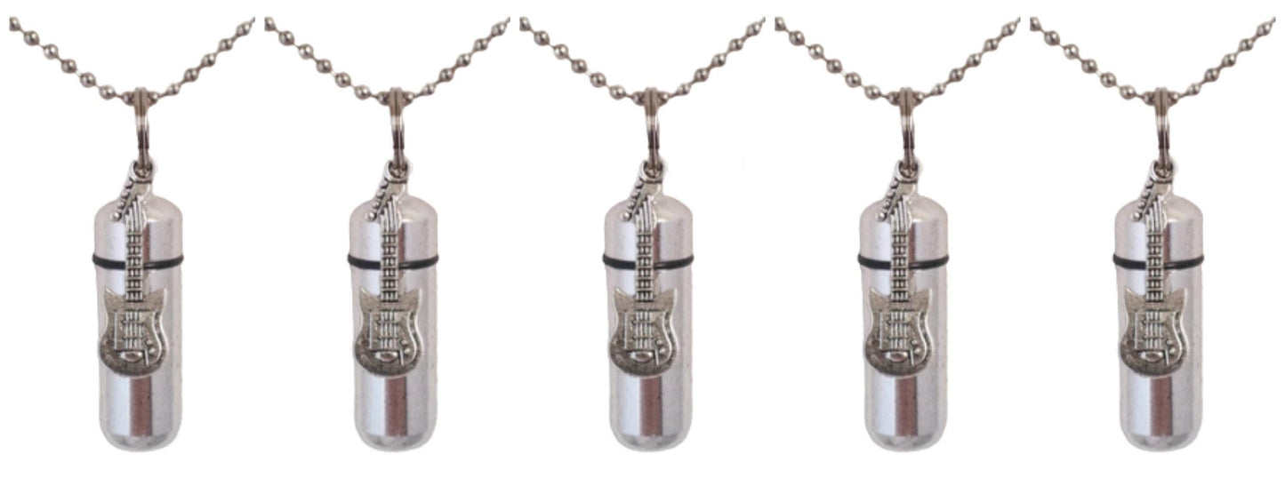 FIVE CREMATION URN Necklaces with Silver Electric Guitar - Memorial Jewelry.  Custom Engraving Available!!