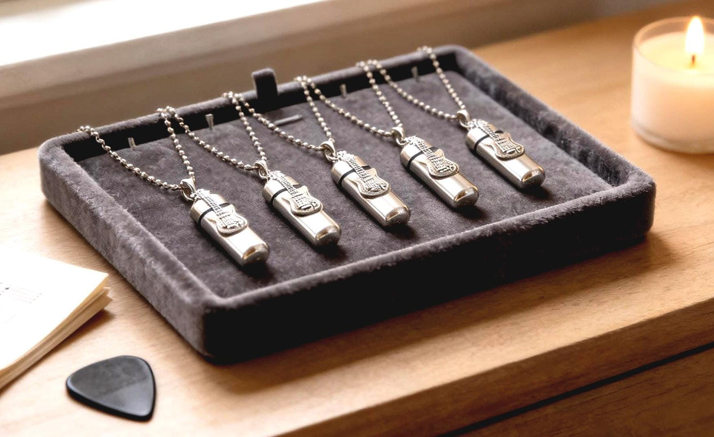 FIVE CREMATION URN Necklaces with Silver Electric Guitar - Memorial Jewelry.  Custom Engraving Available!!