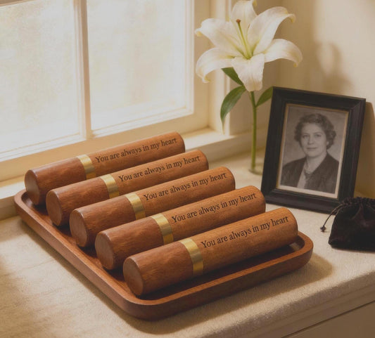 FIVE Engraved Rosewood Urns/Compact Scattering Tubes, TSA Approved