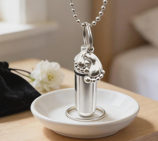 Cremation Urn Necklace with Baby Feet - Includes  Velvet Pouch, 24" Chain & Fill Kit - Child/ Baby Loss