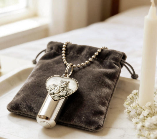 Cremation Urn Necklace: White Tiger Design - Includes Fill Kit & Pouch