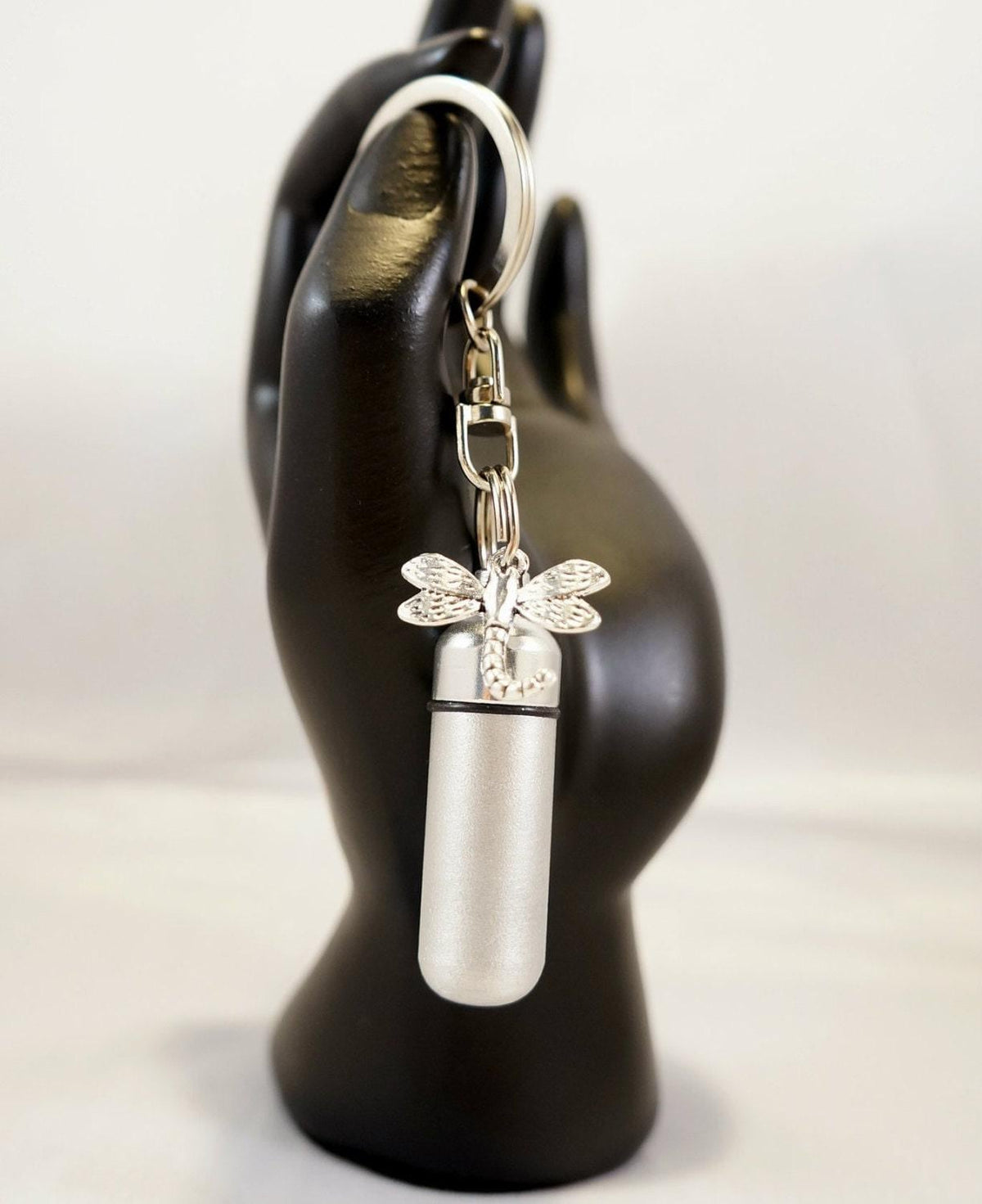 Brushed Silver Cremation Urn with DRAGONFLY on Stainless Steel Swivel Key Ring - Memoriall Keepsake
