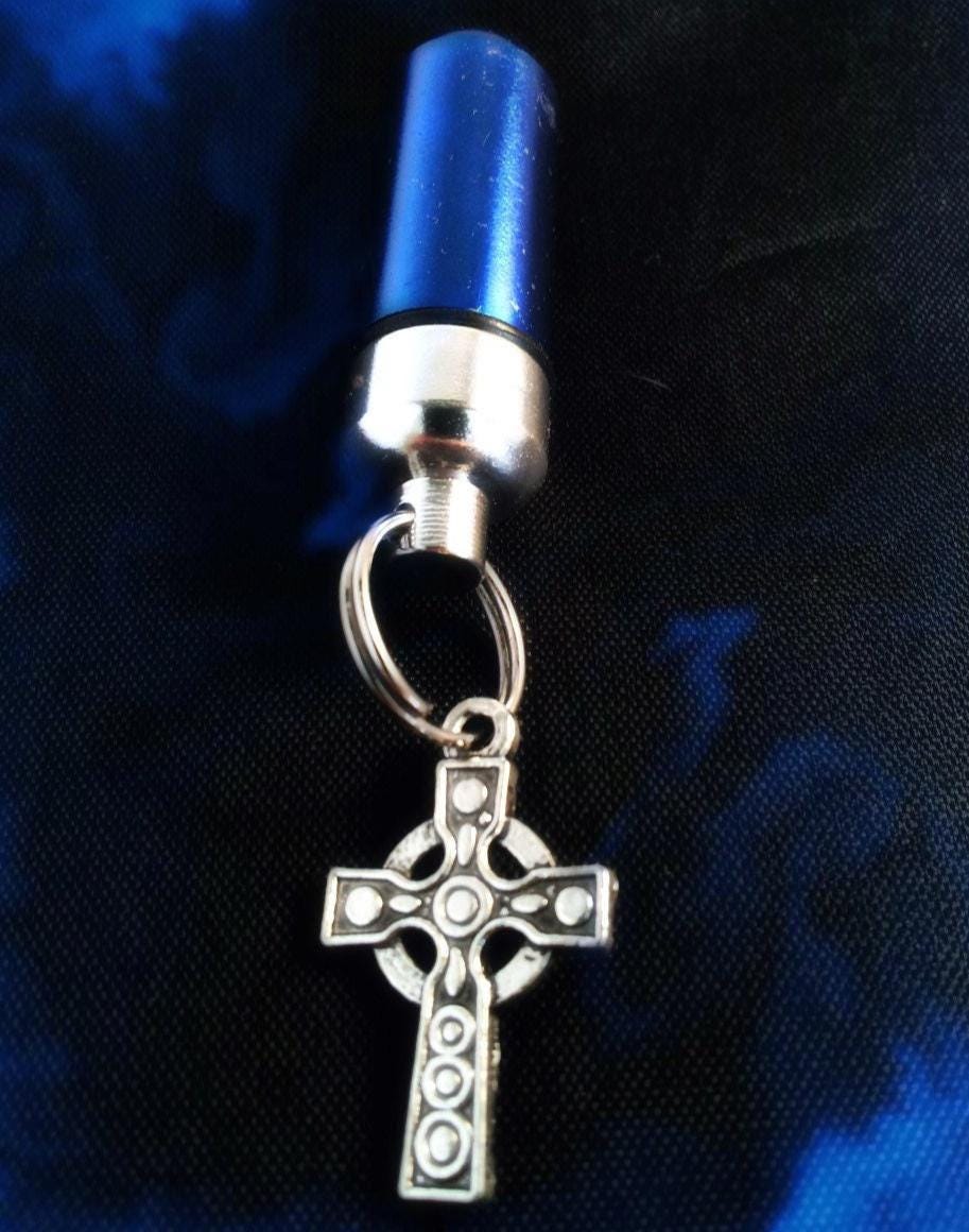 Blue/Silver Two-Tone CREMATION URN Necklace with Universal Celtic Cross - Mourning Keepsake, Ashes Jewelry, Child Urn, Personalized Urn