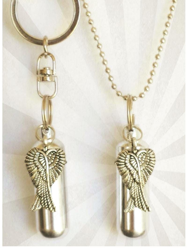 Angel Wings  2pc. Special Set, Cremation Urn Necklace & Keychain Urn with Velvet Pouches