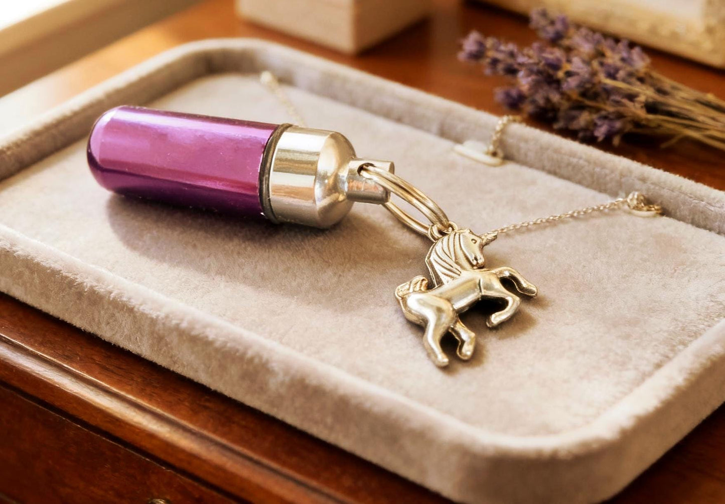 Purple Two-Tone Cremation Urn Necklace with Silver UNICORN - Memorial Keepsake, Custom Engraving Available!