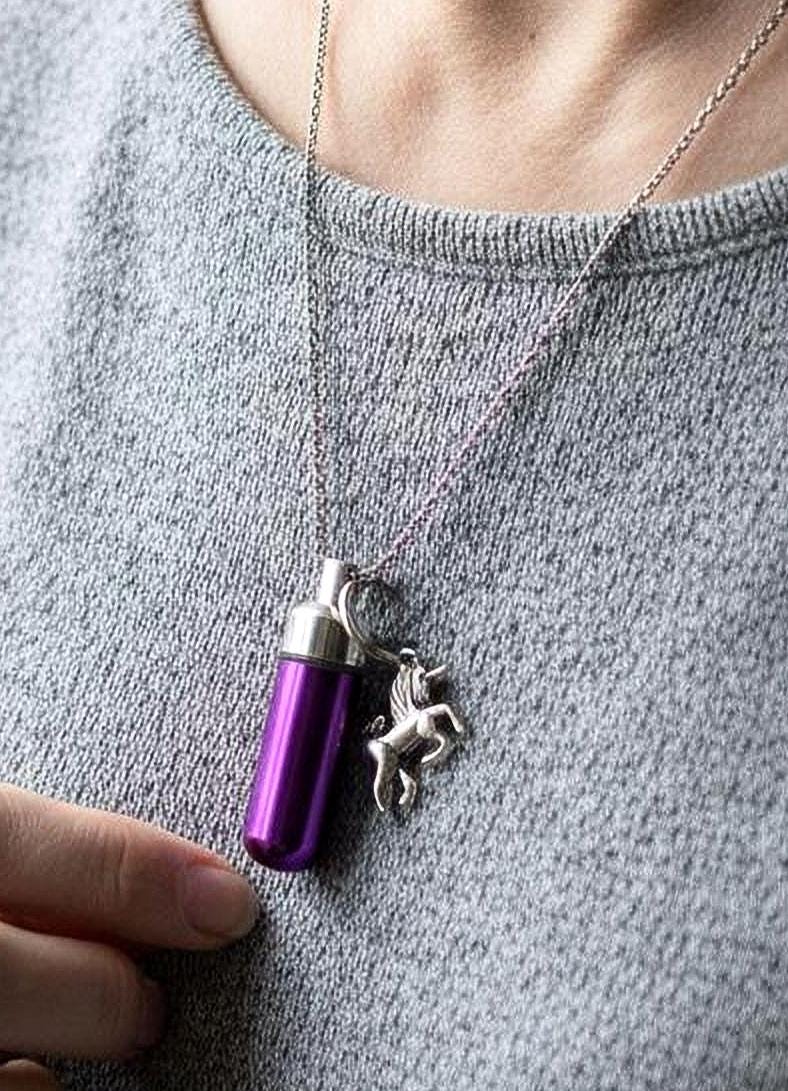 Purple Two-Tone Cremation Urn Necklace with Silver UNICORN - Memorial Keepsake, Custom Engraving Available!
