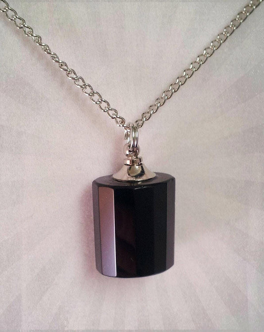 Faceted Black Classic Mourning Stone Crystal CREMATION URN on 24" Silver Necklace   with Velvet Pouch and Fill Kit