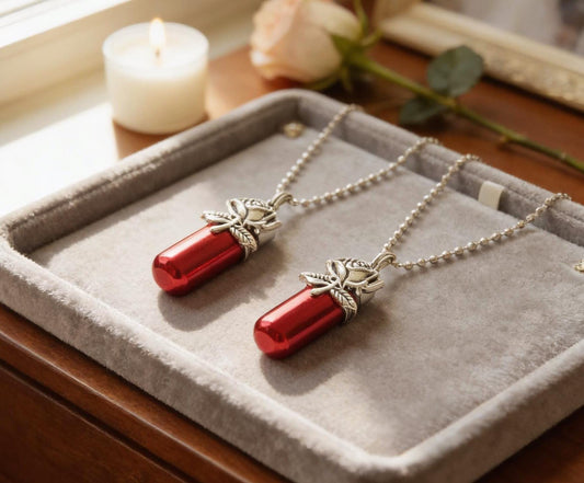 TWO Beautiful Red CREMATION URN Necklaces with Silver Roses - Memorial Keepsakes