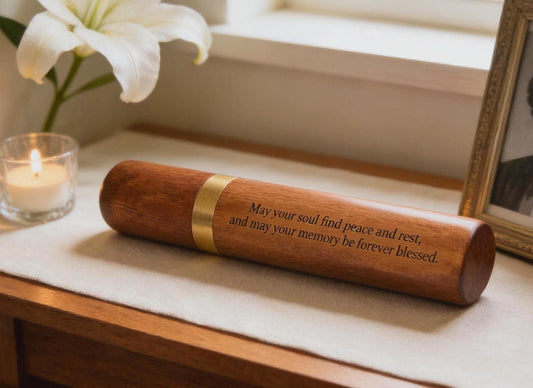 Rosewood Cremation Urn/Scattering Tube, Engraved "May your soul find peace and rest, and may your memory be forever blessed" TSA Compliant
