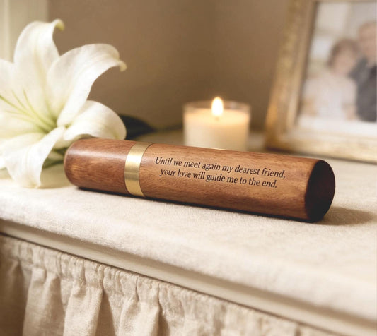Rosewood Cremation Urn/Scattering Tube, Laser Engraved "Until we meet again my dearest friend, your love will guide me to the end"