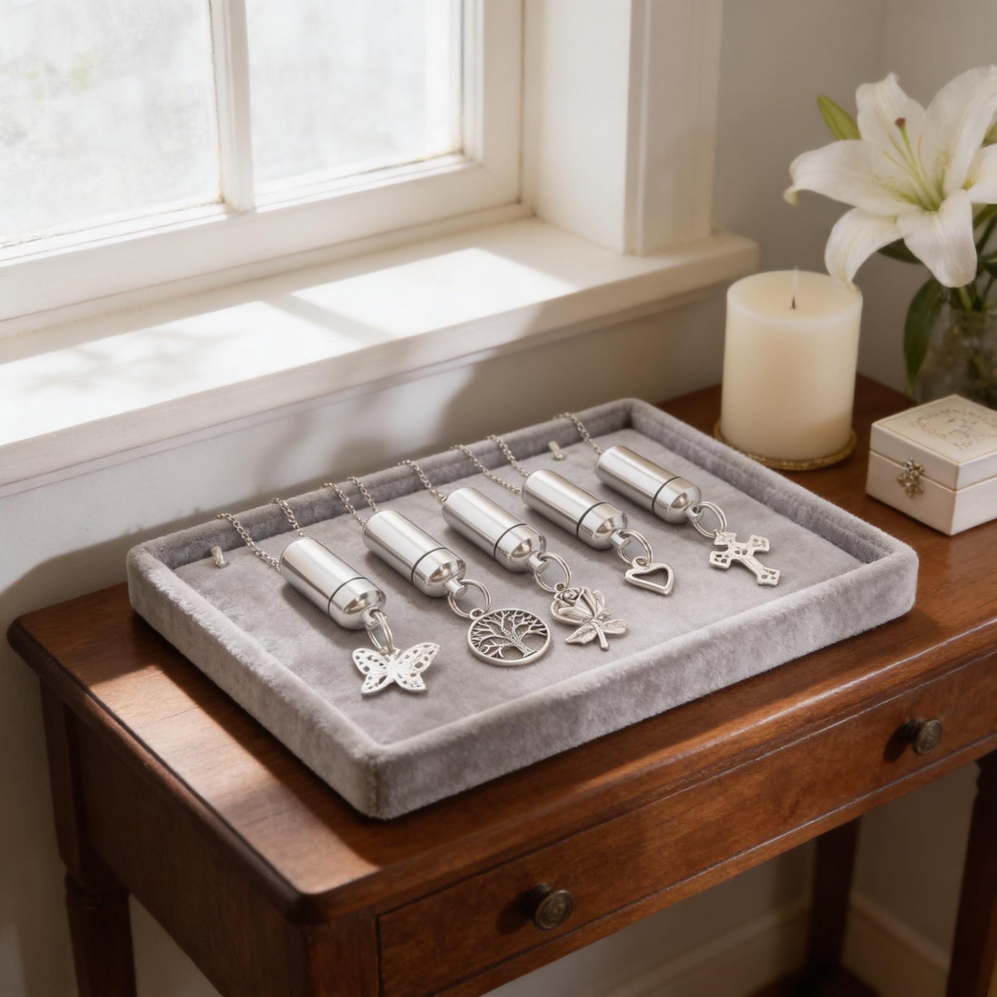 CUSTOM ENGRAVING INCLUDED - Five Assorted Cremation Urn Necklaces, Tree of Life/Butterfly/Rose/Cross/Heart