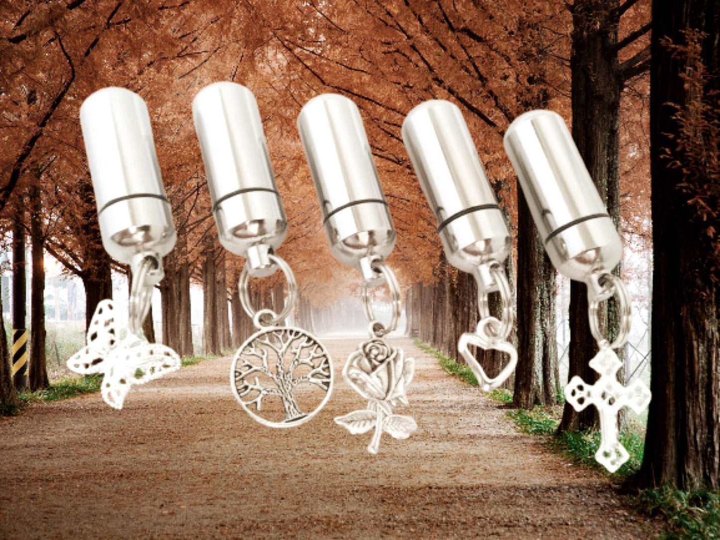 CUSTOM ENGRAVING INCLUDED - Five Assorted Cremation Urn Necklaces, Tree of Life/Butterfly/Rose/Cross/Heart