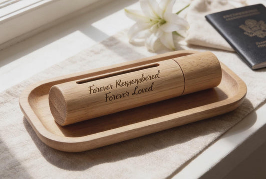 ENGRAVED "Forever Remembered, Forever Loved"  Sandalwood Scattering Tube w/Window - Fits Pocket TSA Compliant