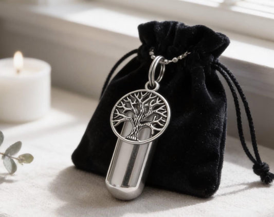 TREE OF LIFE Cremation Urn Necklace with Velvet Pouch - Custom Engraving Available