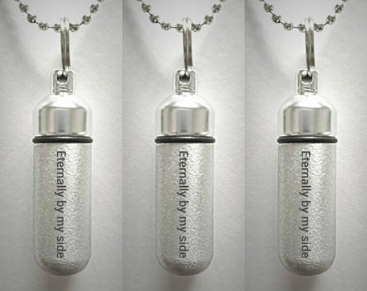 Three ENGRAVED Brushed Silver CREMATION URN Necklaces "Eternally by my side" - Mourning Jewelry