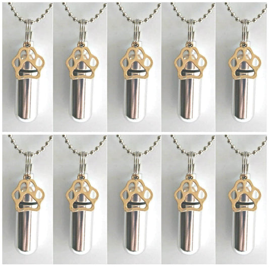 TEN Gold Pet Paws 0n Silver Cremation Urn Necklace - Memorial Jewelry, Custom Engraving Available!