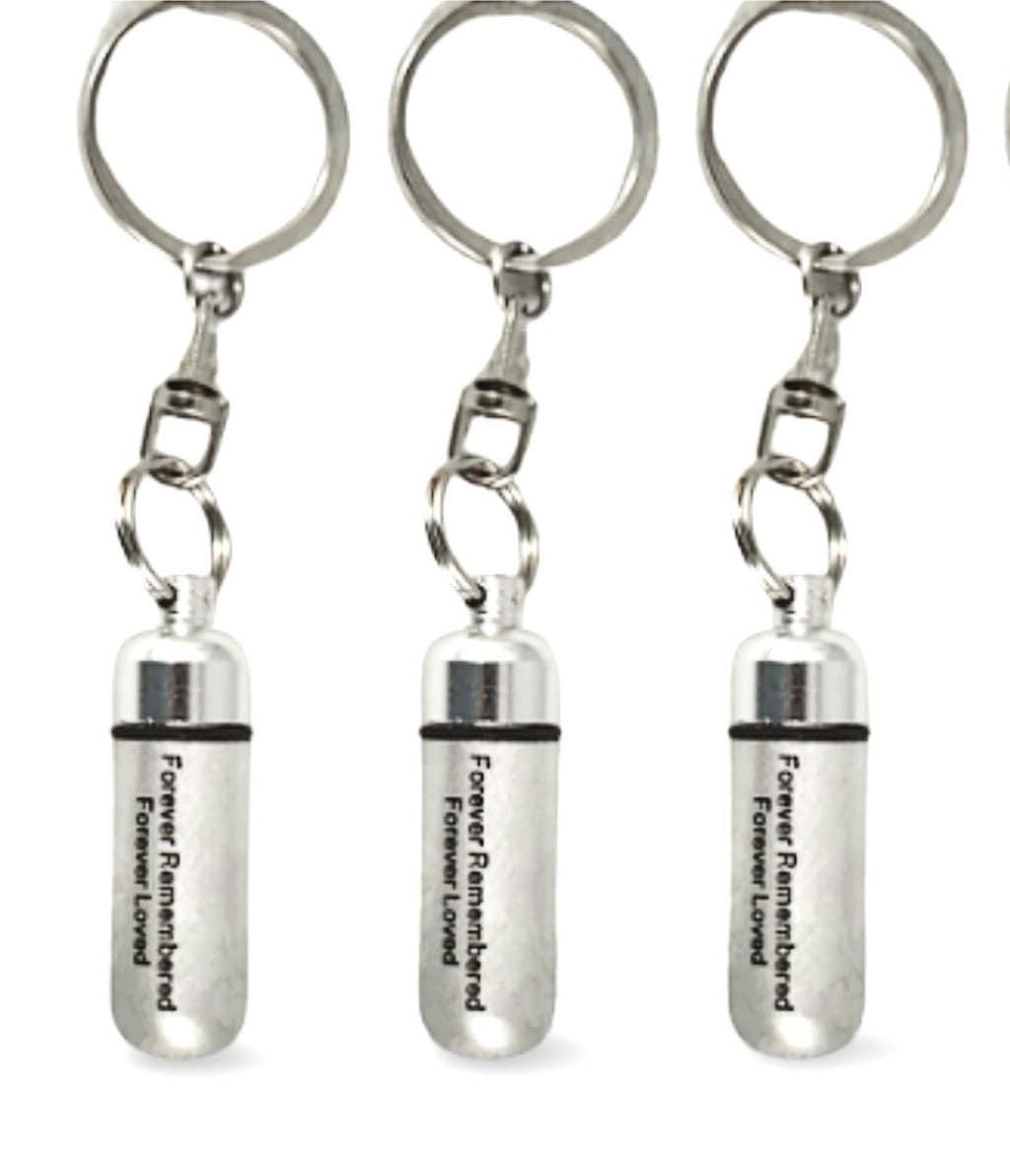 THREE Engraved "Forever Remembered Forever Loved" Brushed Silver CREMATION URNS On Swivel Keychains, Memorial Jewelry