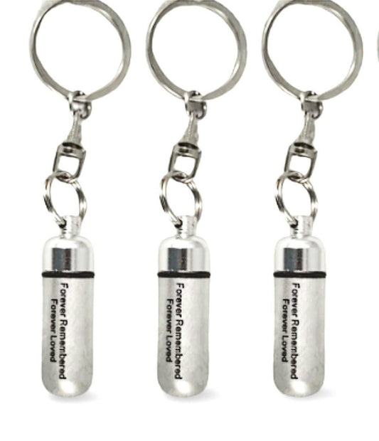 THREE Engraved "Forever Remembered Forever Loved" Brushed Silver CREMATION URNS On Swivel Keychains, Memorial Jewelry