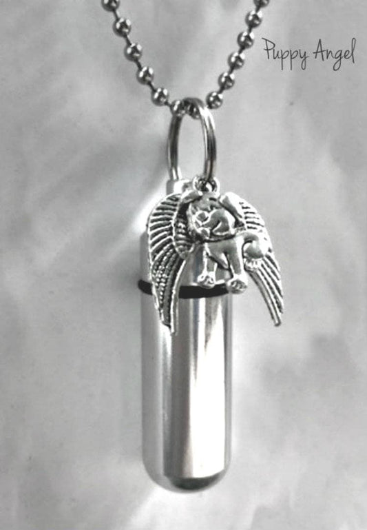 Cremation Urn with Puppy Dog Angel Necklace on 24" Ball Chain with Velvet Pouch & Fill Kit - CUSTOM ENGRAVABLE